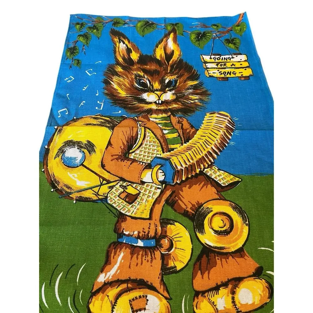 VTG Trevor Raynor Tea Towel Rabbit One Man Band Unused Brazil 1970s 17.5 X 26.5”